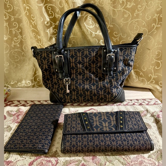 Fossil Handbags - Vintage Fossil Signature Black Monogram Satchel Bag & Matching Wallet Checkbook